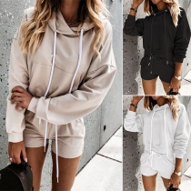 Fashion Solid Color Long Sleeve Hooded Sweatshirt + Shorts Two-piece Set
