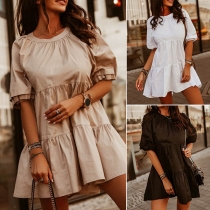 Fashion Solid Color Puff Sleeve Round Neck Dress