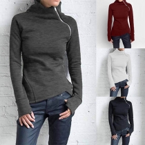 Fashion Solid Color Long Sleeve High Collar Oblique Zipper Sweatshirt