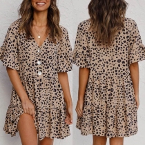 Sexy V-neck Lotus Sleeve Leopard Printed Loose Dress