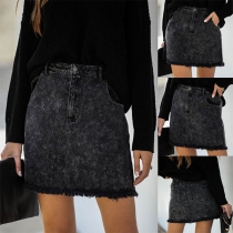 Fashion High Waist Frayed Hem Slim Fit Denim Skirt