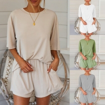 Fashion Solid Color Short Sleeve Round Neck T-shirt + Shorts Two-piece Set