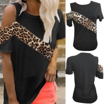 Sexy Off-shoulder Short Sleeve Round Neck Leopard Spliced T-shirt
