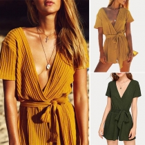 Sexy V-neck Short Sleeve High Waist Solid Color Romper