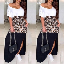 Fashion Short Sleeve V-neck Slit Hem Leopard Spliced Dress