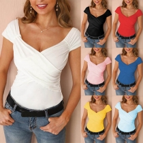 Sexy V-neck Short Sleeve Solid Color T-shirt