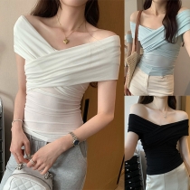 Sexy V-neck Short Sleeve Solid Color T-shirt