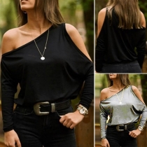 Sexy Off-shoulder Dolman Sleeve Solid Color T-shirt