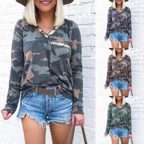 Fashion Sequin Spliced Long Sleeve V-neck Camouflage Printed T-shirt