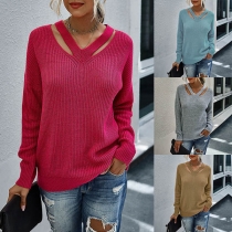 Fashion Solid Color Long Sleeve V-neck Hollow Out Sweater