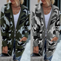 Fashion Camouflage Printed Long Sleeve Knit Cardigan