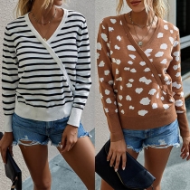 Fashion Long Sleeve V-neck Striped/Leopard Printed Knit Top