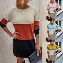 Fashion Contrast Color Long Sleeve Round Neck Knit Dress