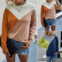 Fashion Contrast Color Long Sleeve Round Neck Knit Top