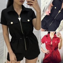 Fashion Solid Color Short Sleeve POLO Collar High Waist Romper
