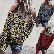 Sexy Off-shoulder Long Sleeve V-neck Leopard Printed T-shirt