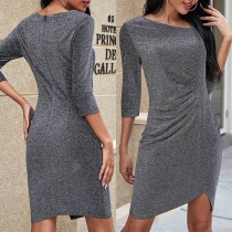 Fashion 3/4 Sleeve Oblique V-neck Slit Hem Slim Fit Dress