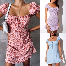 Sexy Short Sleeve Square Collar Slim Fit Printed Dress