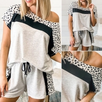 Fashion Leopard Spliced Short Sleeve Round Neck T-shirt + Shorts two-piece Set