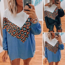 Fashion Leopard Spliced Long Sleeve Round Neck Contrast Color Knit Top