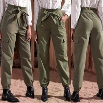 Fashion Solid Color High Waist Side-pocket Pants