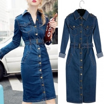 Fashion Long Sleeve POLO Collar Single-breasted Slim Fit Denim Dress(The size runs small)