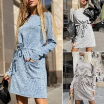 Fashion Solid Color Long Sleeve Round Neck Drawstring Waist Dress