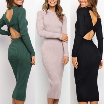 Sexy Backless Long Sleeve Round Neck Slim Fit Knit Dress