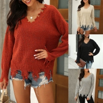 Fashion Mixed Color Long Sleeve V-neck Ripped Knit Top