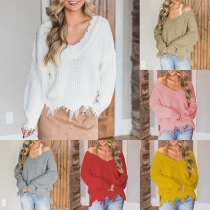 Fashion Mixed Color Long Sleeve V-neck Ripped Knit Top