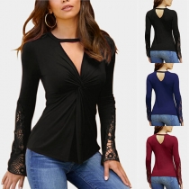 Fashion Solid Color Long Sleeve V-neck Twisted T-shirt