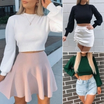 Fashion Solid Color Long Sleeve Round Neck Crop Top