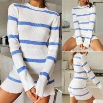 Fashion Long Sleeve Round Neck Striped Top + Shorts Two-piece Set