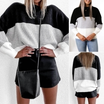 Fashion Contrast Color Long Sleeve Round Neck Sweater