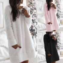 Fashion Solid Color Long Sleeve Round Neck Plush Dress