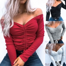 Sexy Off-shoulder Boat Neck Long Sleeve Solid Color Drawstring Top