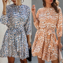 Fashion 3/4 Sleeve Round Neck Leopard Printed Dress
