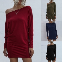 Sexy Oblique Shoulder Long Sleeve Solid Color Slim Fit Dress