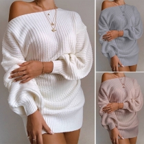 Fashion Solid Color Lantern Sleeve Boat Neck Loose Sweater