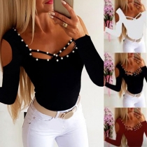 Sexy Off-shoulder Long Sleeve Square Collar Beaded T-shirt