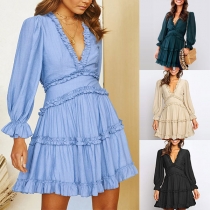 Sexy Backless V-neck Long Sleeve Solid Color Ruffle Dress