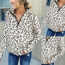 Fashion Long Sleeve Stand Collar Leopard Printed Sweatshirt