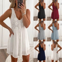 Fashion Solid Color Sleeveless Round Neck Lace Spliced Dress