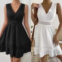 Fashion Lace Spliced V-neck Sleeveless Mini Dress