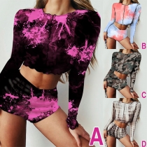 Sexy Long Sleeve Round Neck Printed Crop Top + Shorts Two-piece Set