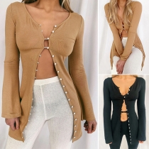 Fashion Solid Color Long Sleeve Pearl Button Cardigan