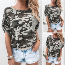 Fashion Sequin Spliced Short Sleeve Round Neck Camouflage Printed T-shirt