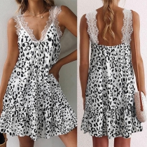 Sexy Backless V-neck Lace Spliced Leopard Printed Sling Dress