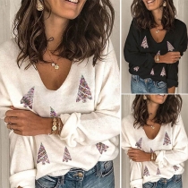 Fashion Long Sleeve V-neck Printed Knitted Top