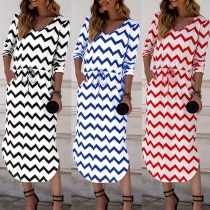 Fashion Long Sleeve V-neck Wavy-stripe Printed Dress